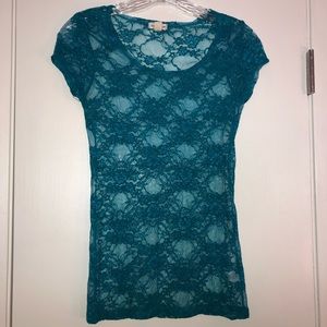 Zenana Teal Sheer Lace Scoop Neck Top S